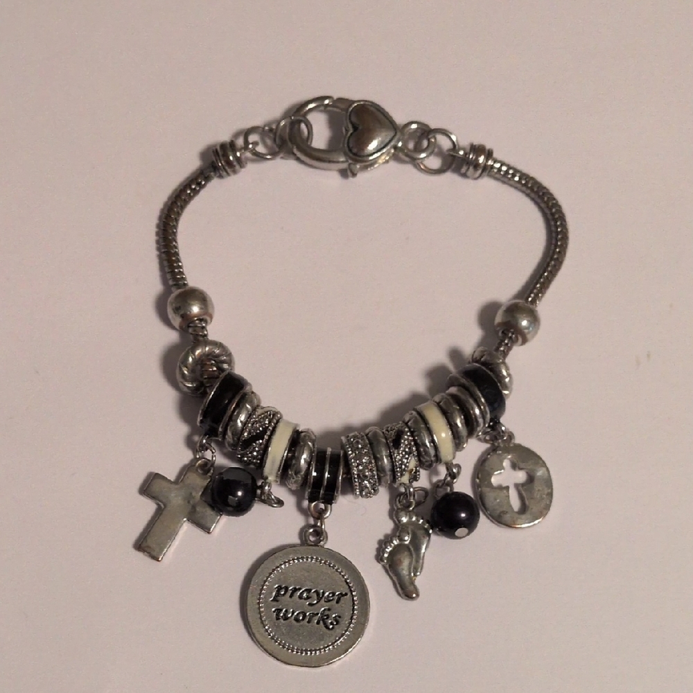 Silver-Tone Faith Charm Bracelet with Black and Cream Accents